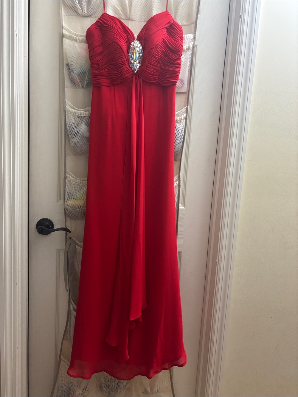 Red Spaghetti-Strap Prom Dress with Ruched Bodice and Jewel Accent